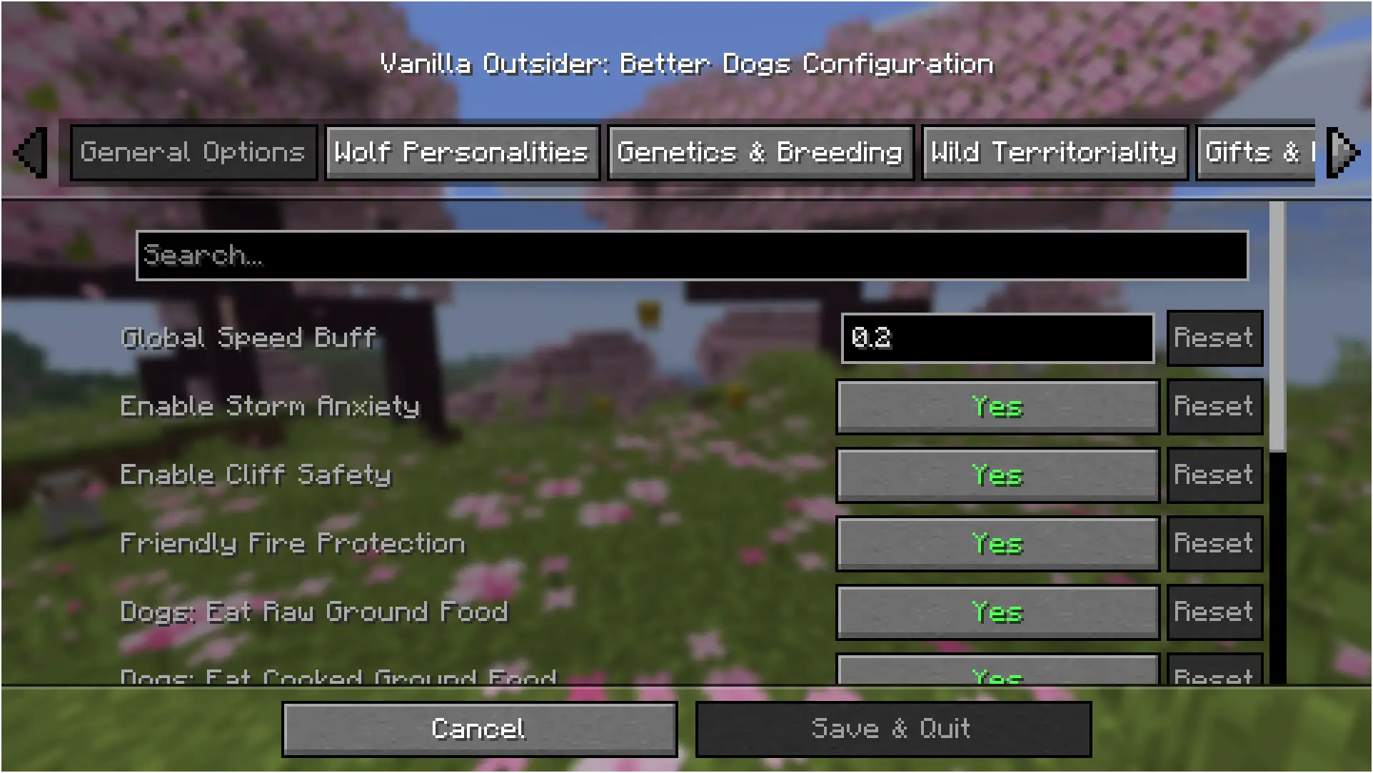 Menu de configuration de VO: Better Dogs Menu de configuration du mod VO Better Dogs dans Minecraft