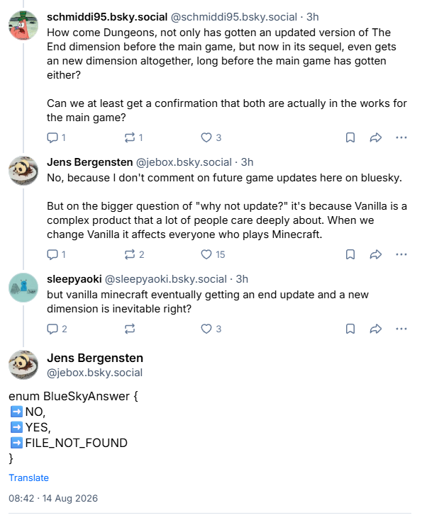 Capture d’une discussion sur Bluesky dans laquelle plusieurs utilisateurs interrogent Jens « Jeb » Bergensten sur les futures mises à jour de Minecraft. Jeb explique qu’il ne commente pas les prochaines évolutions du jeu sur Bluesky, avant de répondre à une relance avec un message humoristique contenant les choix « NO », « YES » et « FILE_NOT_FOUND ».