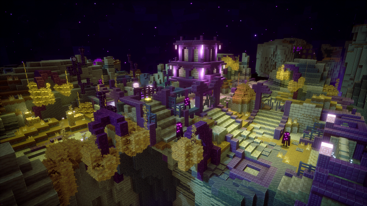 Capture de l’End dans Minecraft Dungeons montrant une zone construite avec des structures en purpur, des escaliers, des arches, de la végétation jaune et plusieurs Endermen. Cette interprétation plus dense de la dimension contraste avec l’End beaucoup plus dépouillé de Minecraft Java et Bedrock.