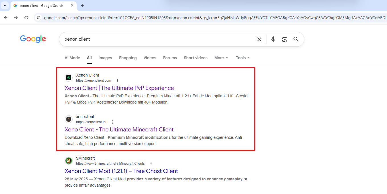 Faux sites Xenon Client dans Google