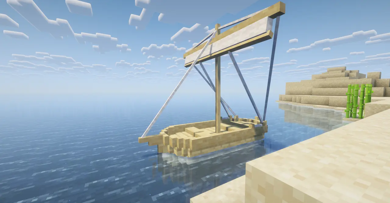 Voilier de Shippy Ships Voilier du mod Shippy Ships naviguant sur l’eau dans Minecraft