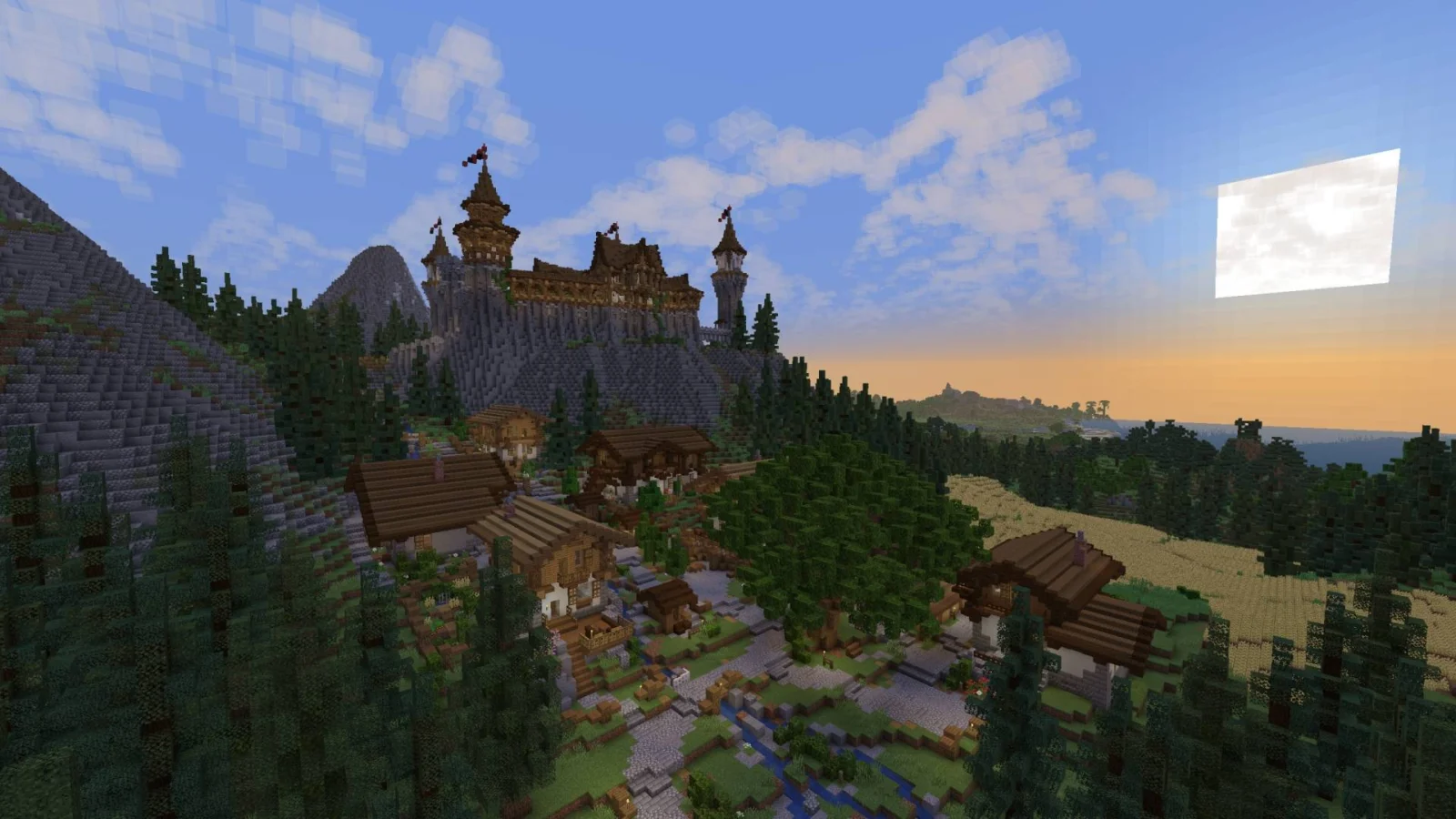 Survie à Stonehill Castle Village, champs et Stonehill Castle au coucher du soleil dans Minecraft