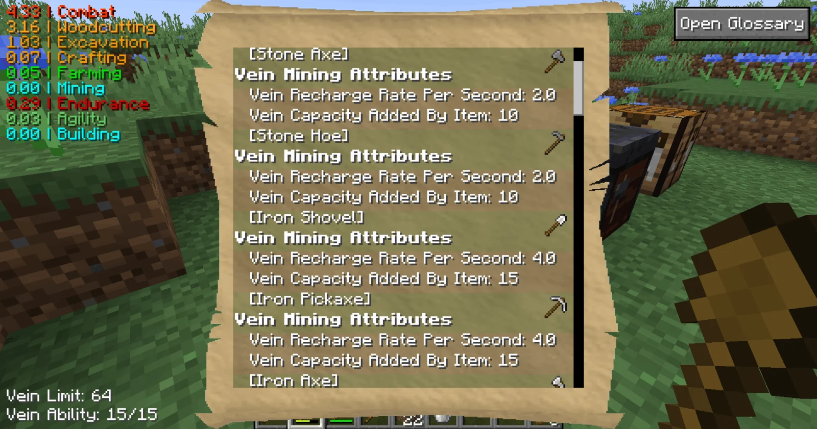 Attributs de vein mining dans Project MMO