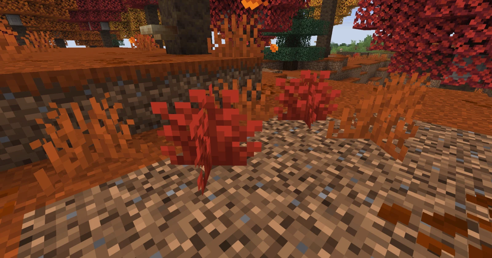 Buissons rouges poussant dans une forêt ambrée de Minecraft 26.3