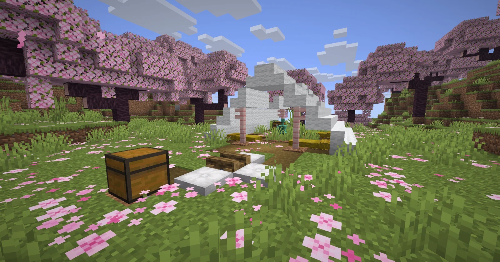 Camp abandonné généré dans un bosquet de cerisiers de Minecraft 26.3