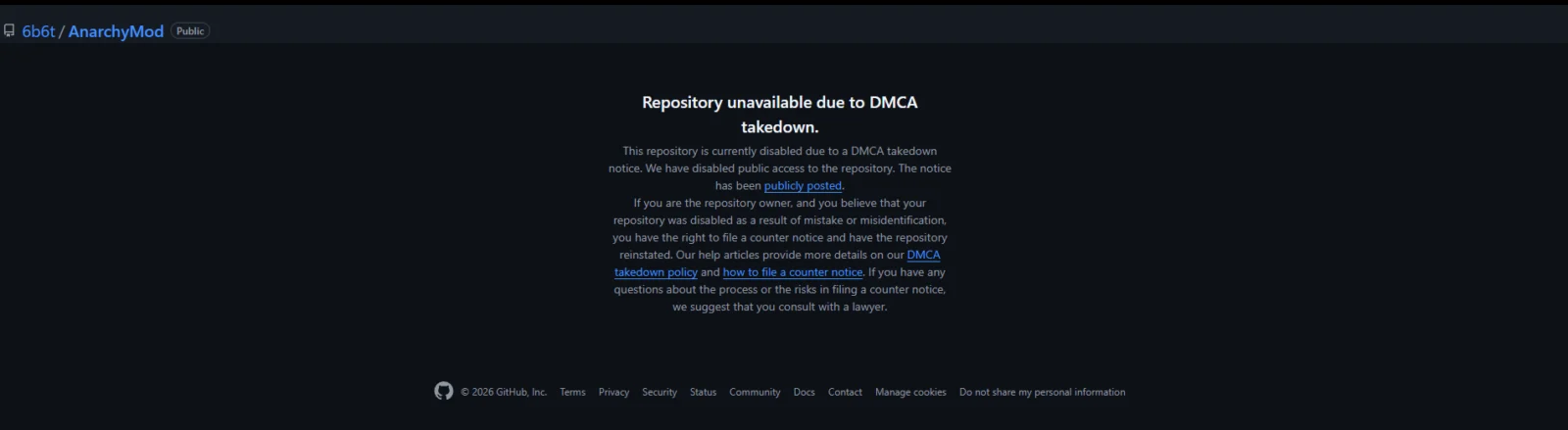 Dépôt GitHub 6b6t AnarchyMod indisponible après une demande de retrait DMCA
