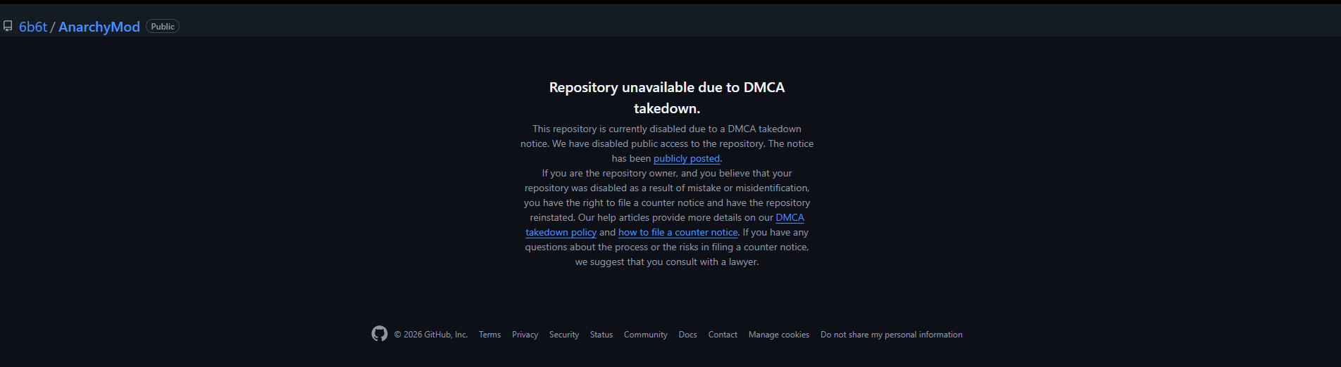 Dépôt GitHub 6b6t AnarchyMod indisponible après une demande de retrait DMCA