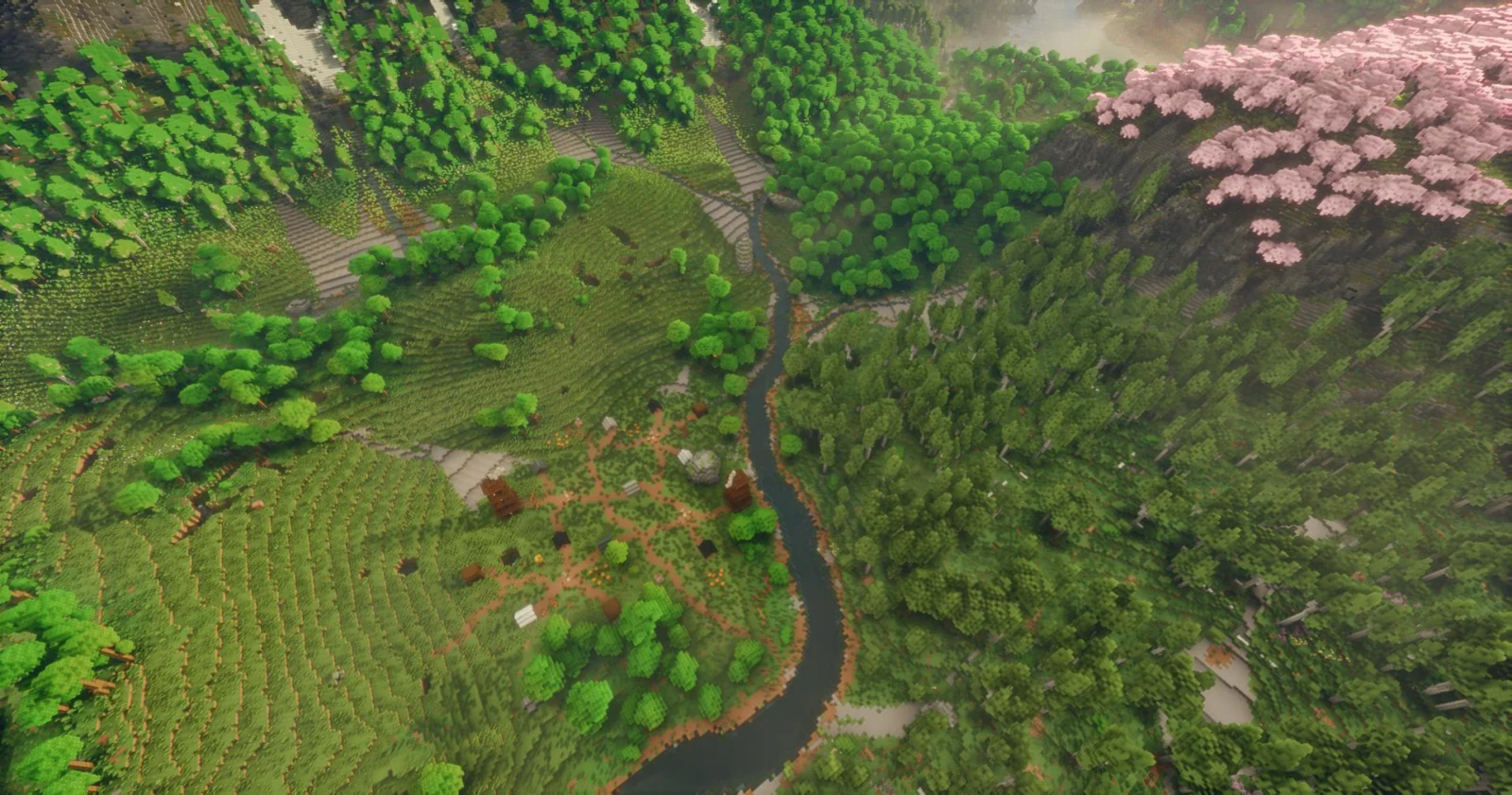 Vallée boisée de Elosia Vue aérienne d'une vallée boisée traversée par une rivière avec une forêt de cerisiers
