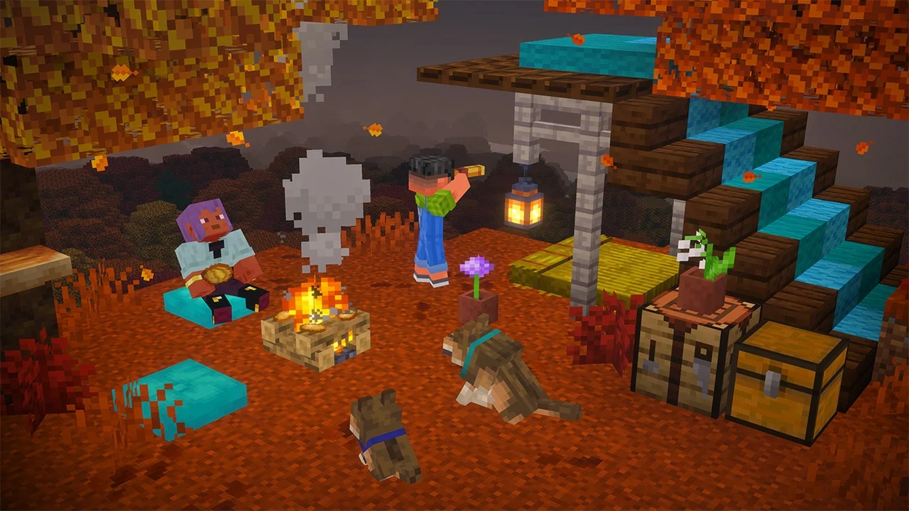 Campement dans Minecraft Wilderness Bound Joueurs installés autour d'un feu de camp avec des coussins dans Minecraft Wilderness Bound