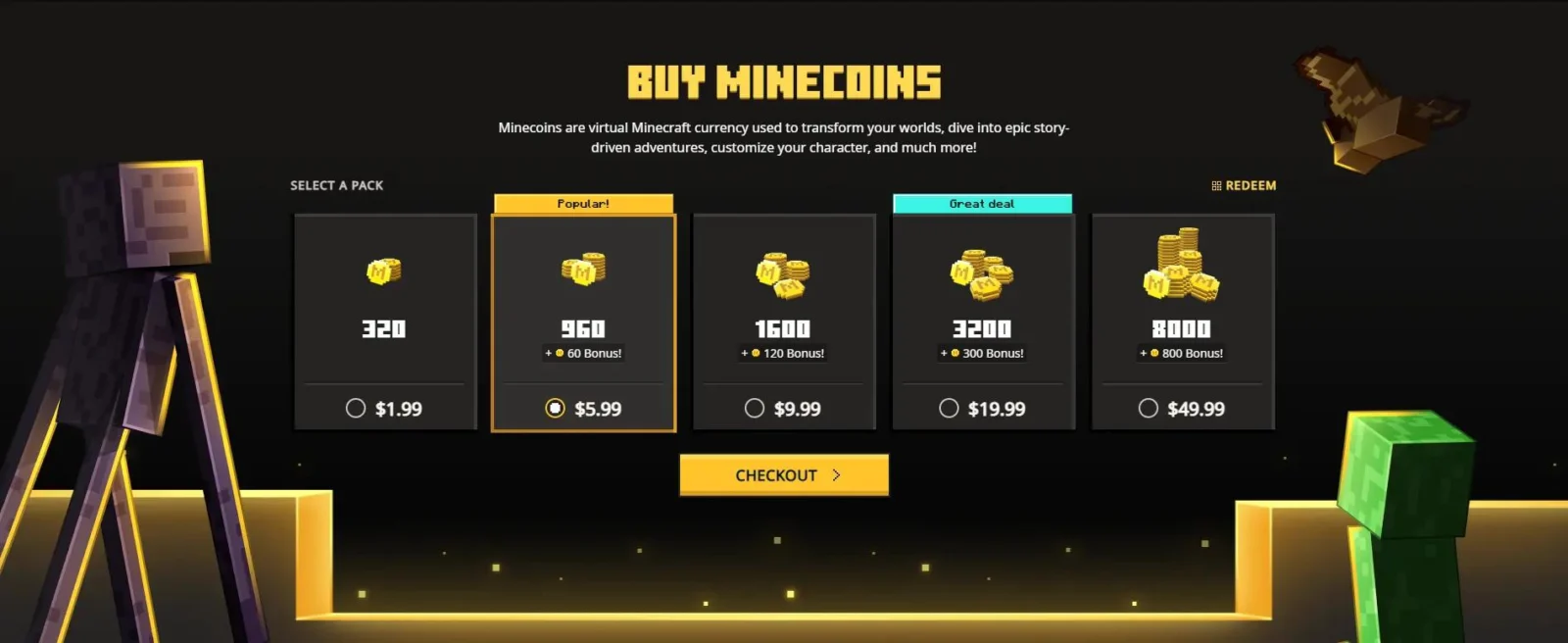 Minecoins du Marketplace Minecraft Minecoins utilisés pour acheter du contenu sur le Marketplace de Minecraft Bedrock Edition