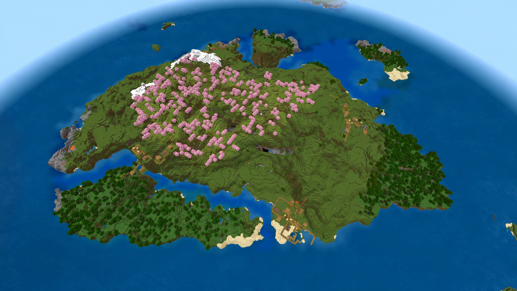 Île de cerisiers avec quatre villages dans Minecraft Bedrock