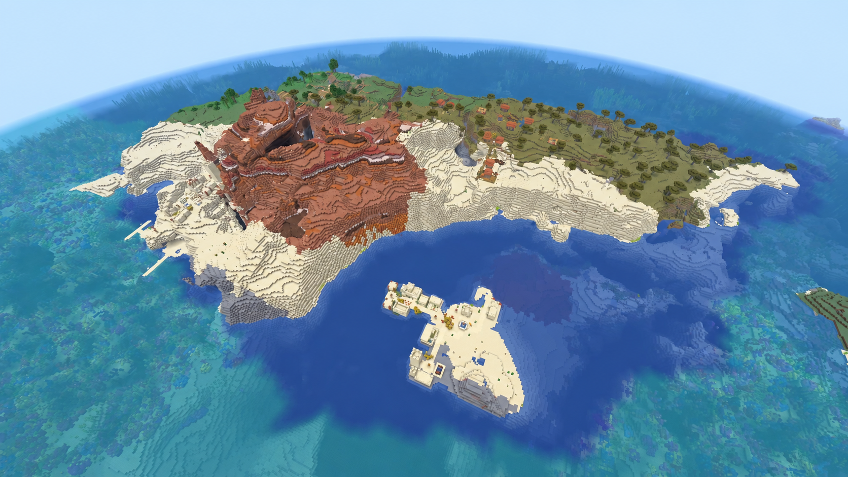 Grande île avec plusieurs biomes et quatre villages dans Minecraft 26.3