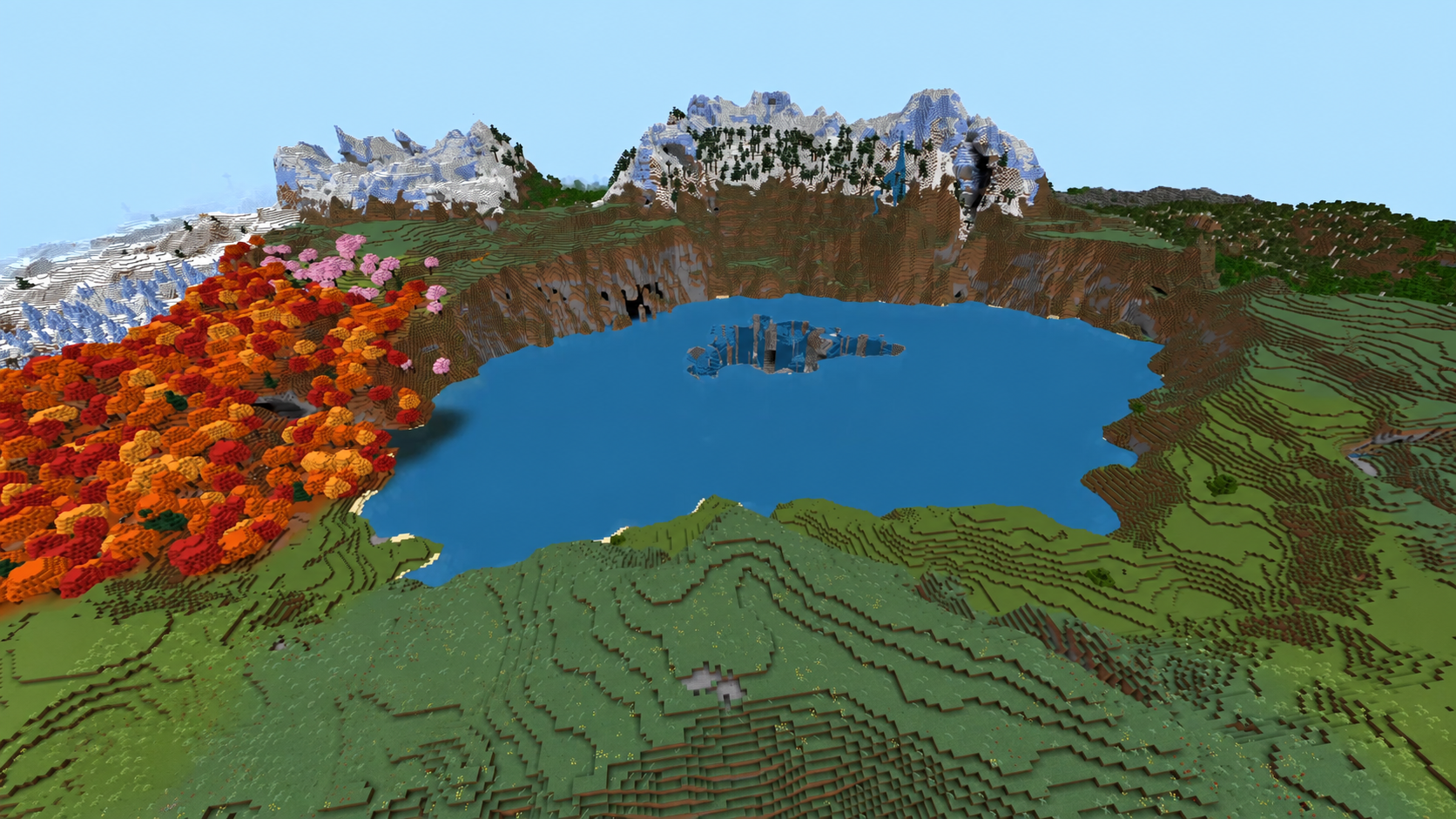 Grand lac entouré de montagnes et de plusieurs biomes dans Minecraft 26.3