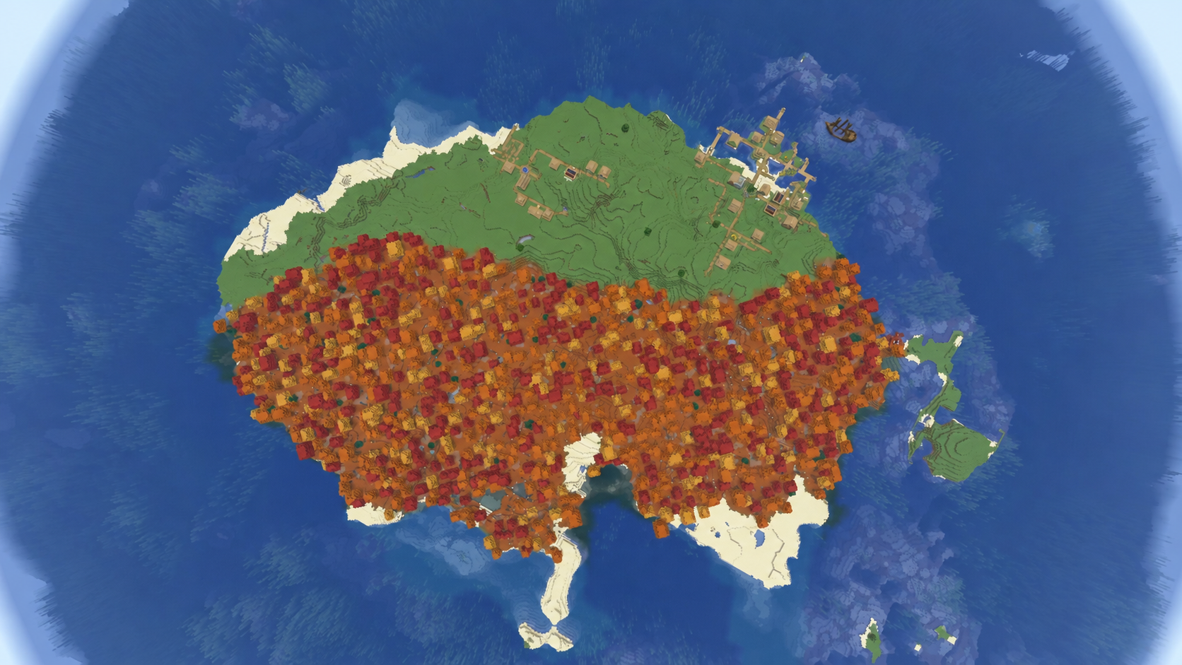 Grande île avec villages et forêt ambrée dans Minecraft 26.3