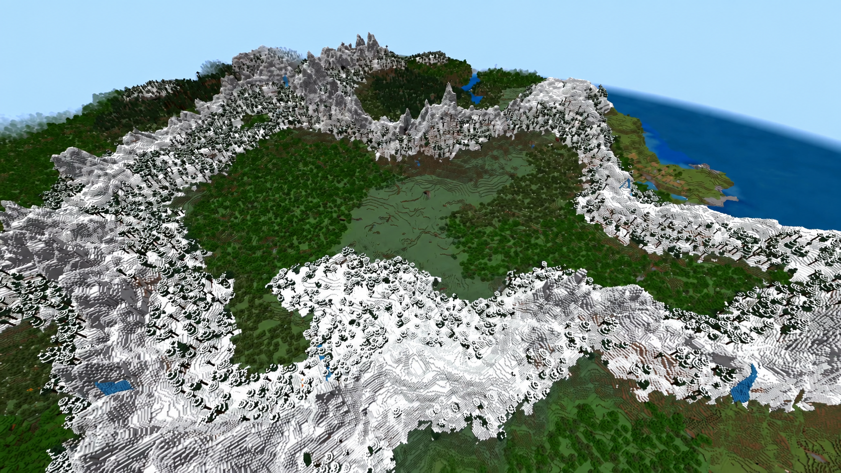Grand cirque montagneux avec camp abandonné dans Minecraft 26.3