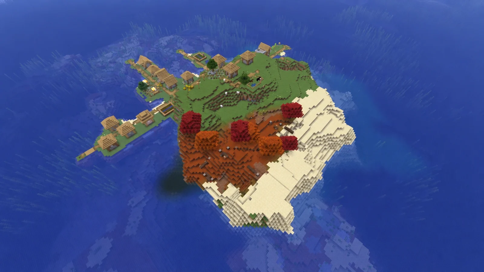 Seed Minecraft 26.3 avec île-village en forêt ambrée Île avec village et forêt ambrée dans Minecraft 26.3
