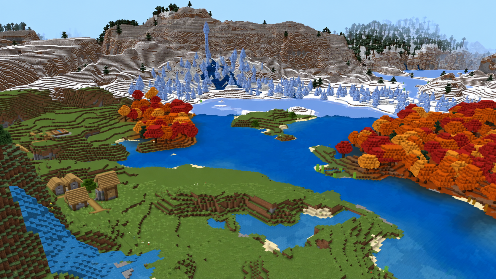 Spawn entouré de forêt ambrée, pics de glace et village dans Minecraft 26.3