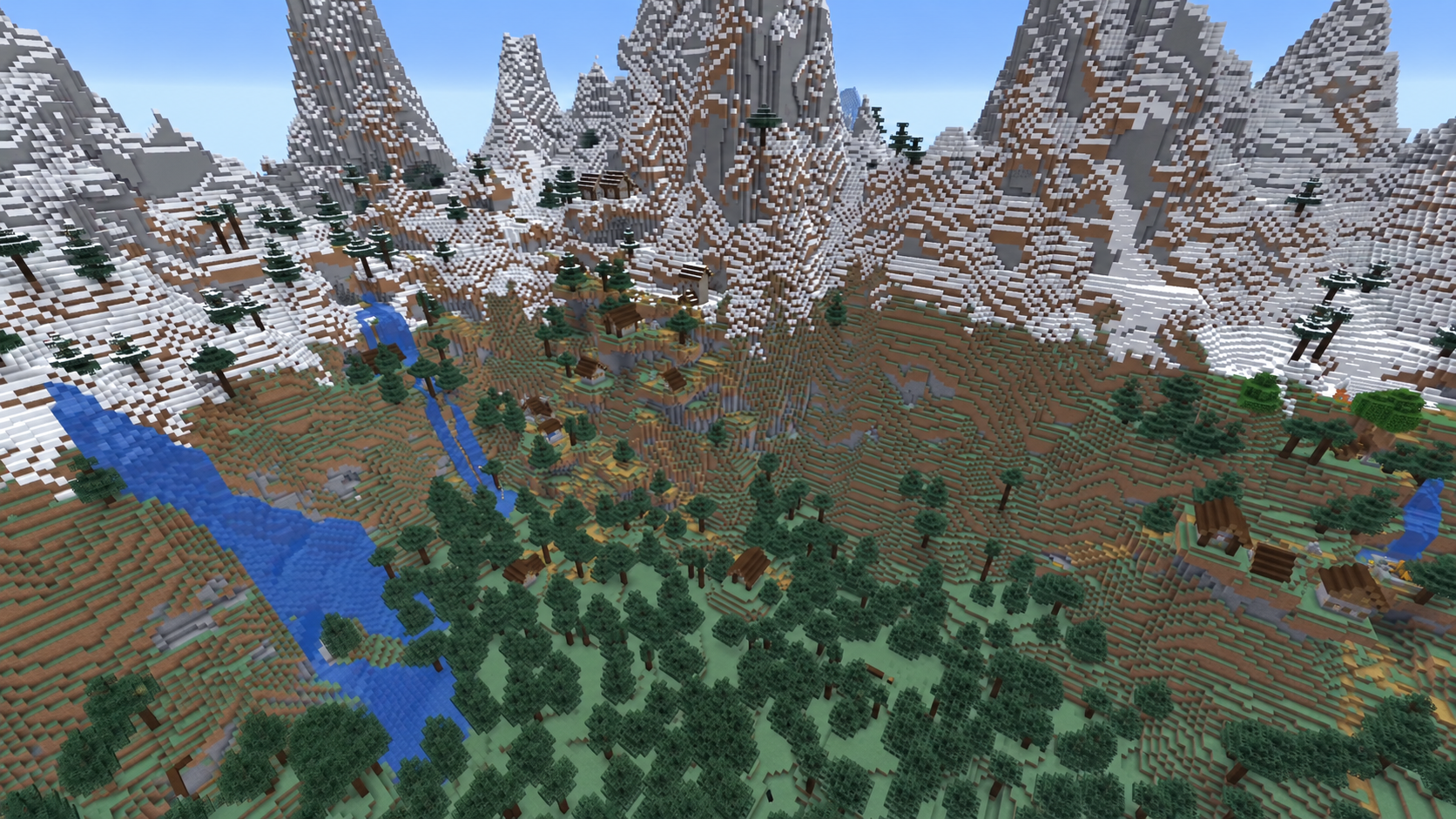 Quatre villages autour d'un cirque montagneux dans Minecraft 26.3