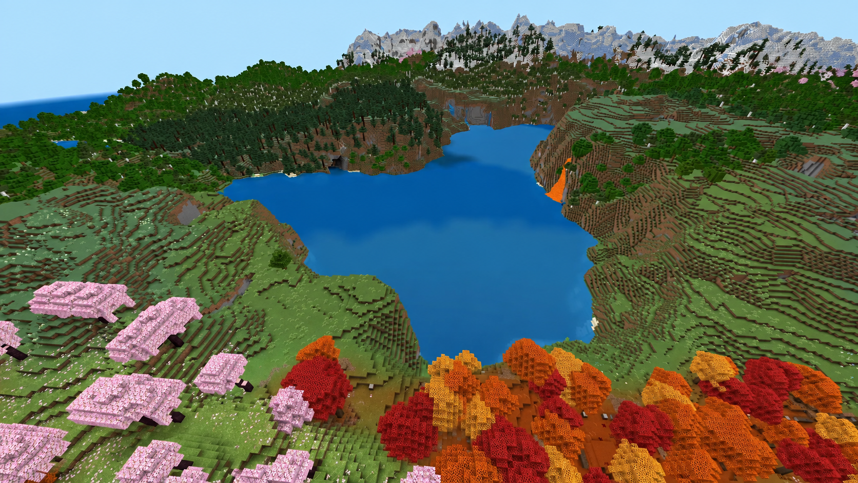 Lac entouré de cinq types de forêts dans Minecraft 26.3