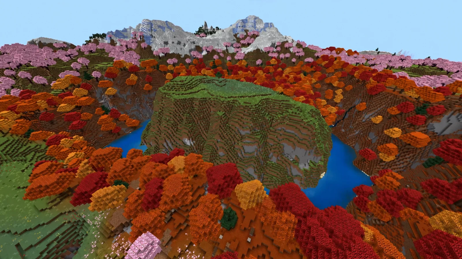Seed Minecraft 26.3 idéale pour construire Prairie entourée de forêt ambrée et de montagnes dans Minecraft 26.3