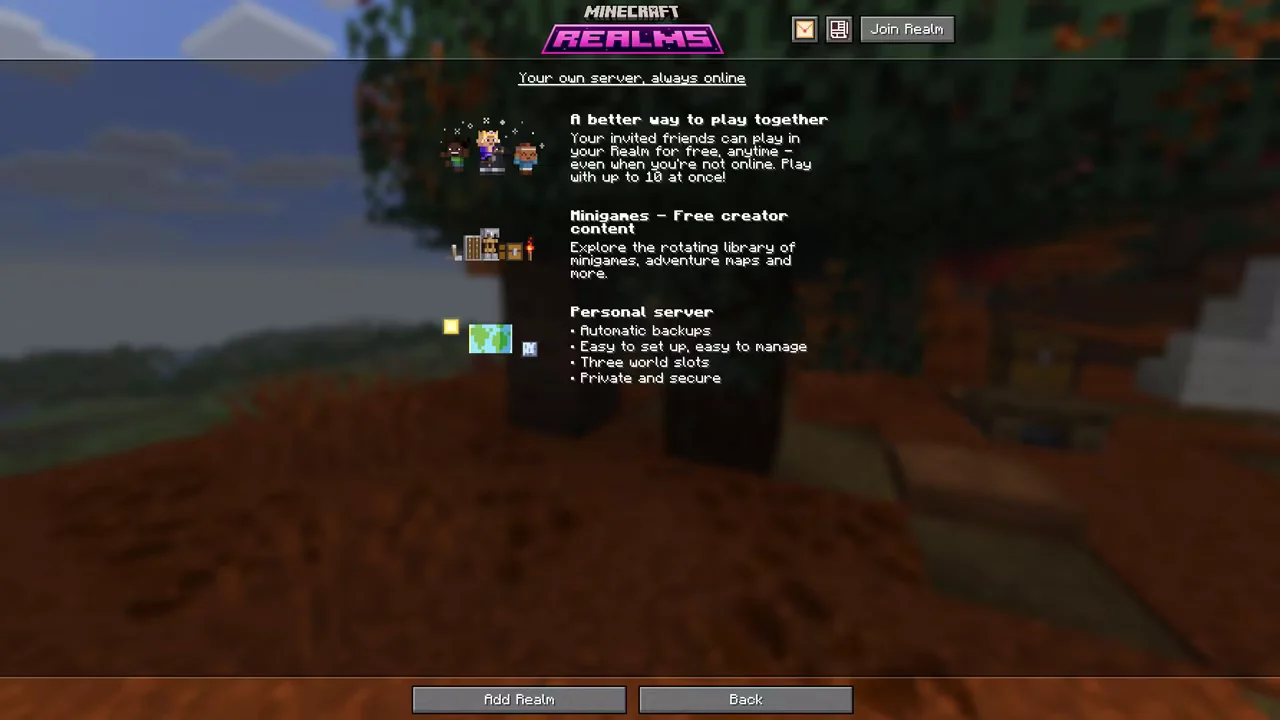 Nouvel écran d'introduction Minecraft Realms