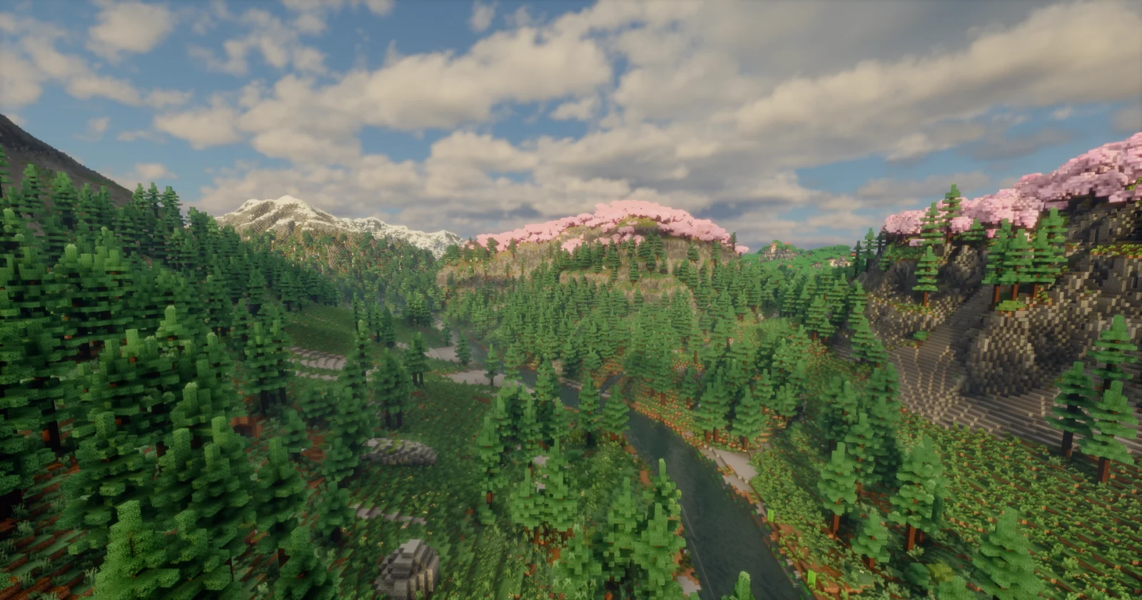 Vallée forestière de Elosia Grande vallée forestière avec montagnes et cerisiers sur la map Elosia