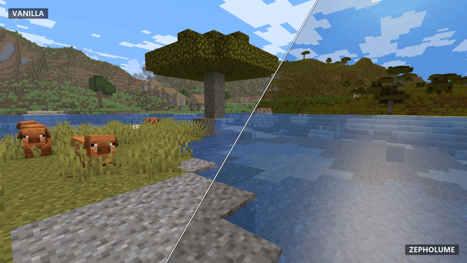Minecraft avec Zepholume Shaders Comparaison d'une savane entre Minecraft vanilla et Zepholume Shaders