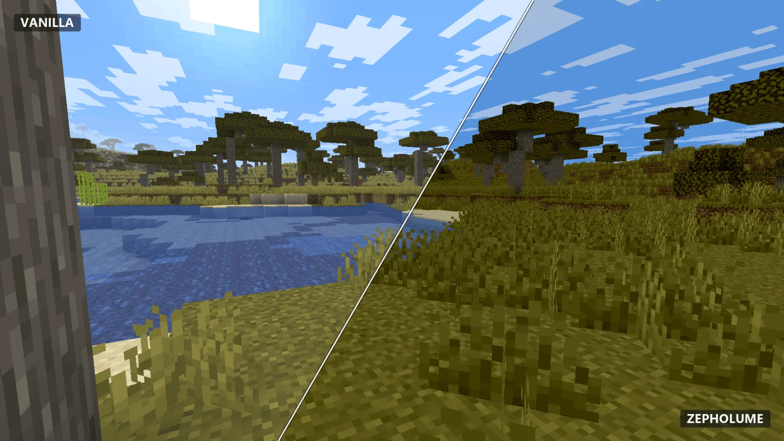 Ambiance de Zepholume Shaders Savane Minecraft comparée avec et sans Zepholume Shaders