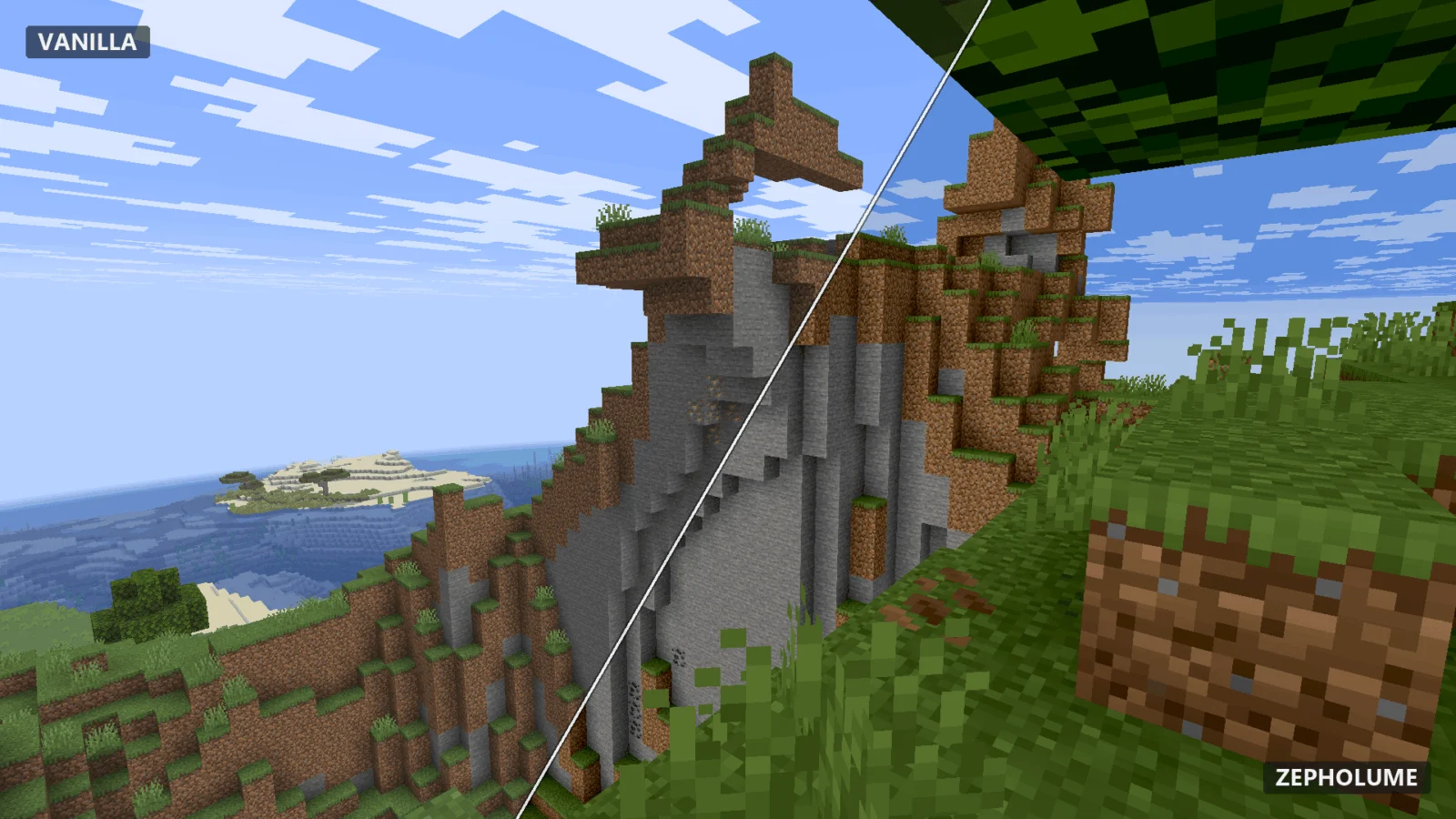 Relief avec Zepholume Shaders Relief montagneux comparé entre Minecraft vanilla et Zepholume Shaders