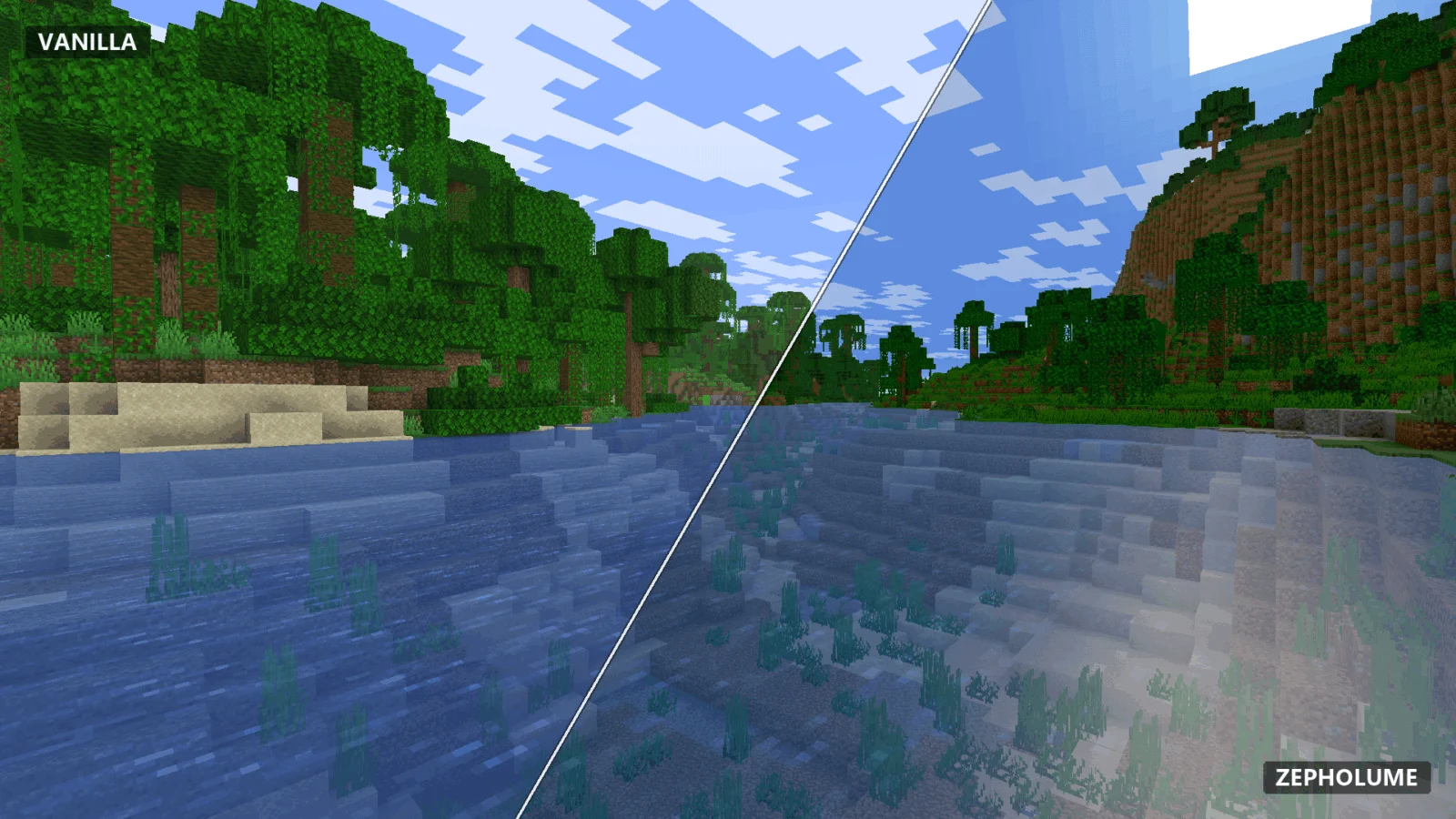 Rendu de l'eau avec Zepholume Shaders Rivière dans une jungle avec et sans Zepholume Shaders
