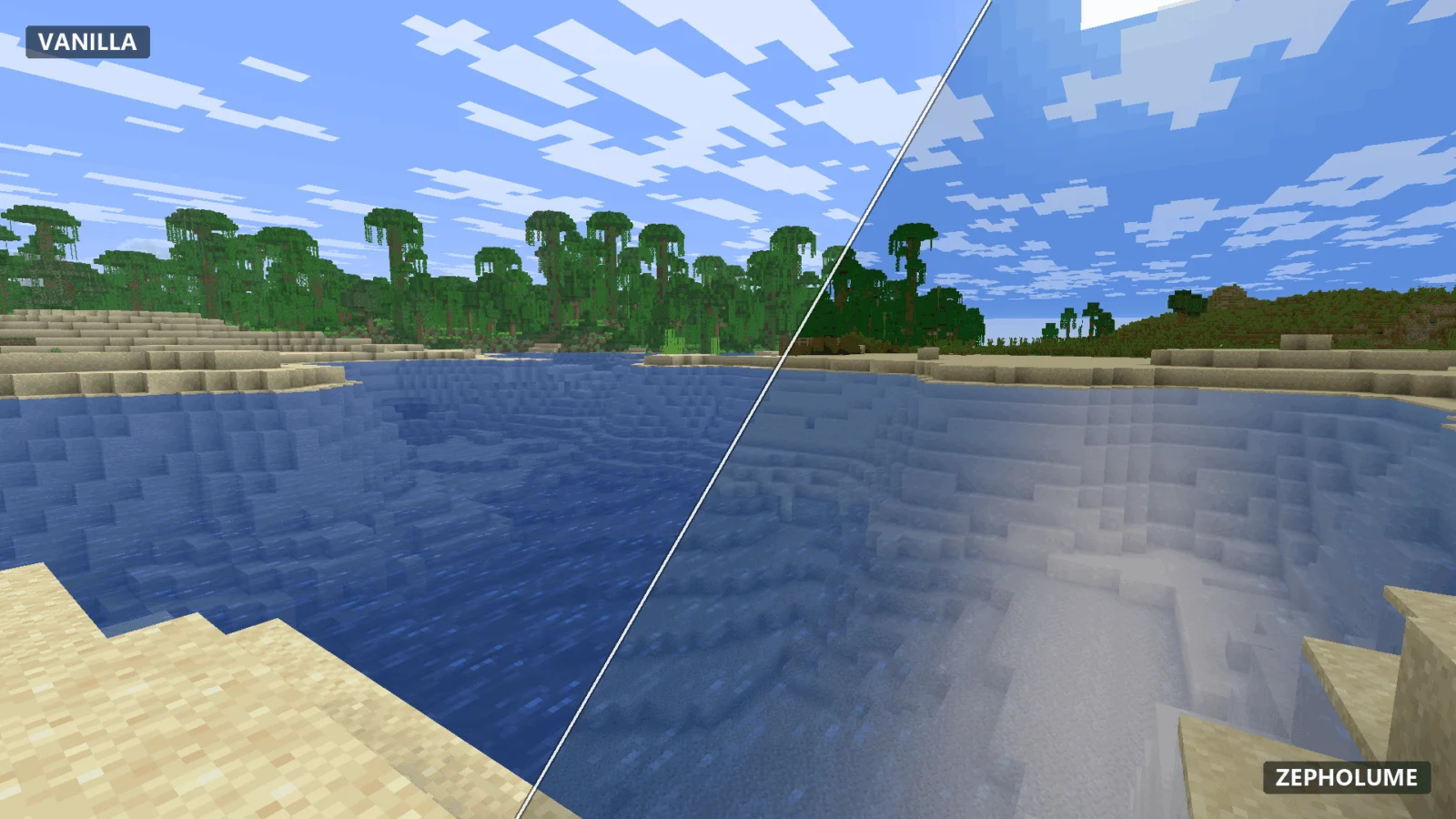 Lac avec Zepholume Shaders Lac entouré d'arbres comparé avec Minecraft vanilla et Zepholume Shaders