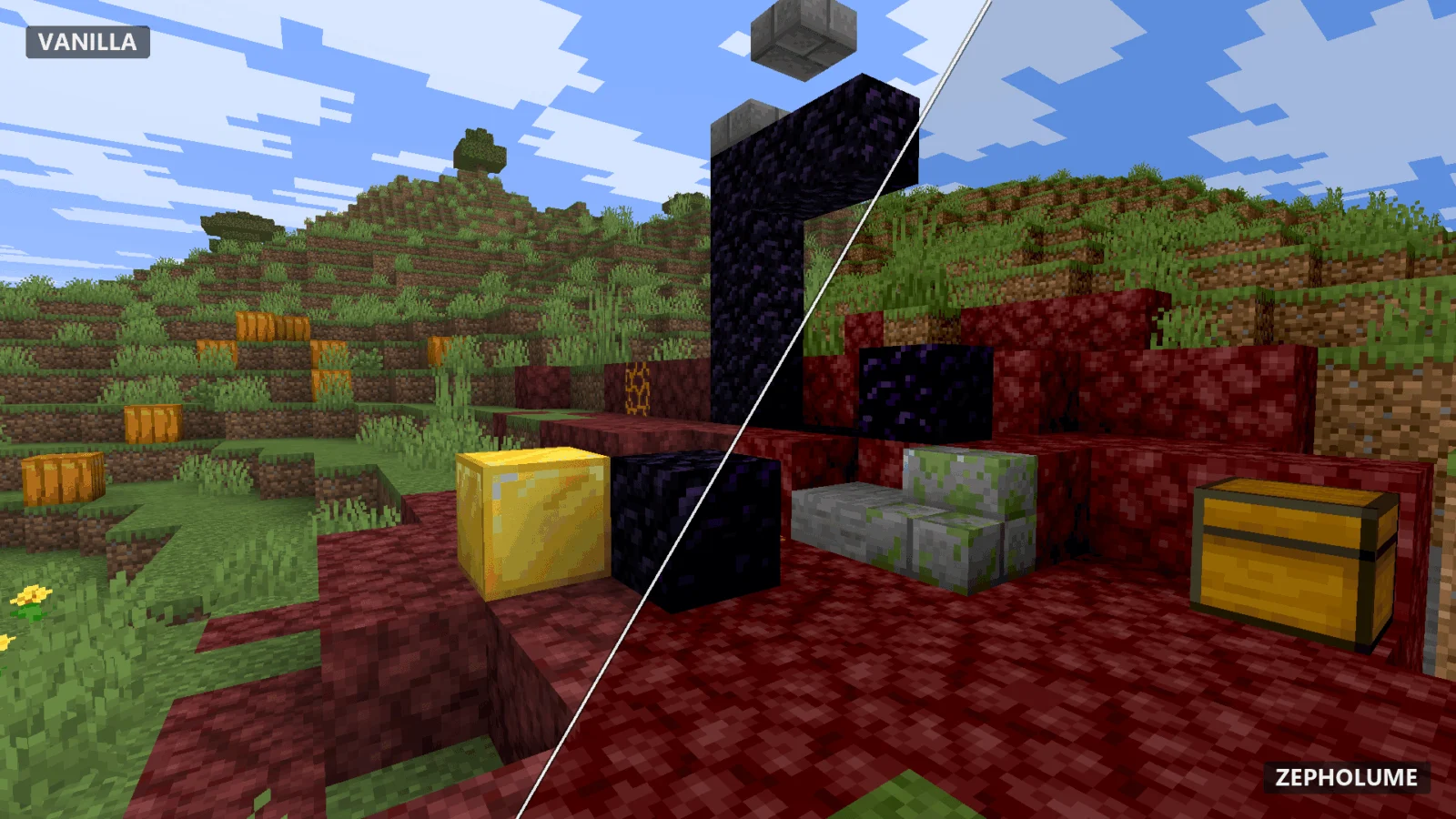 Éclairage des blocs avec Zepholume Shaders Blocs Minecraft comparés avec et sans Zepholume Shaders