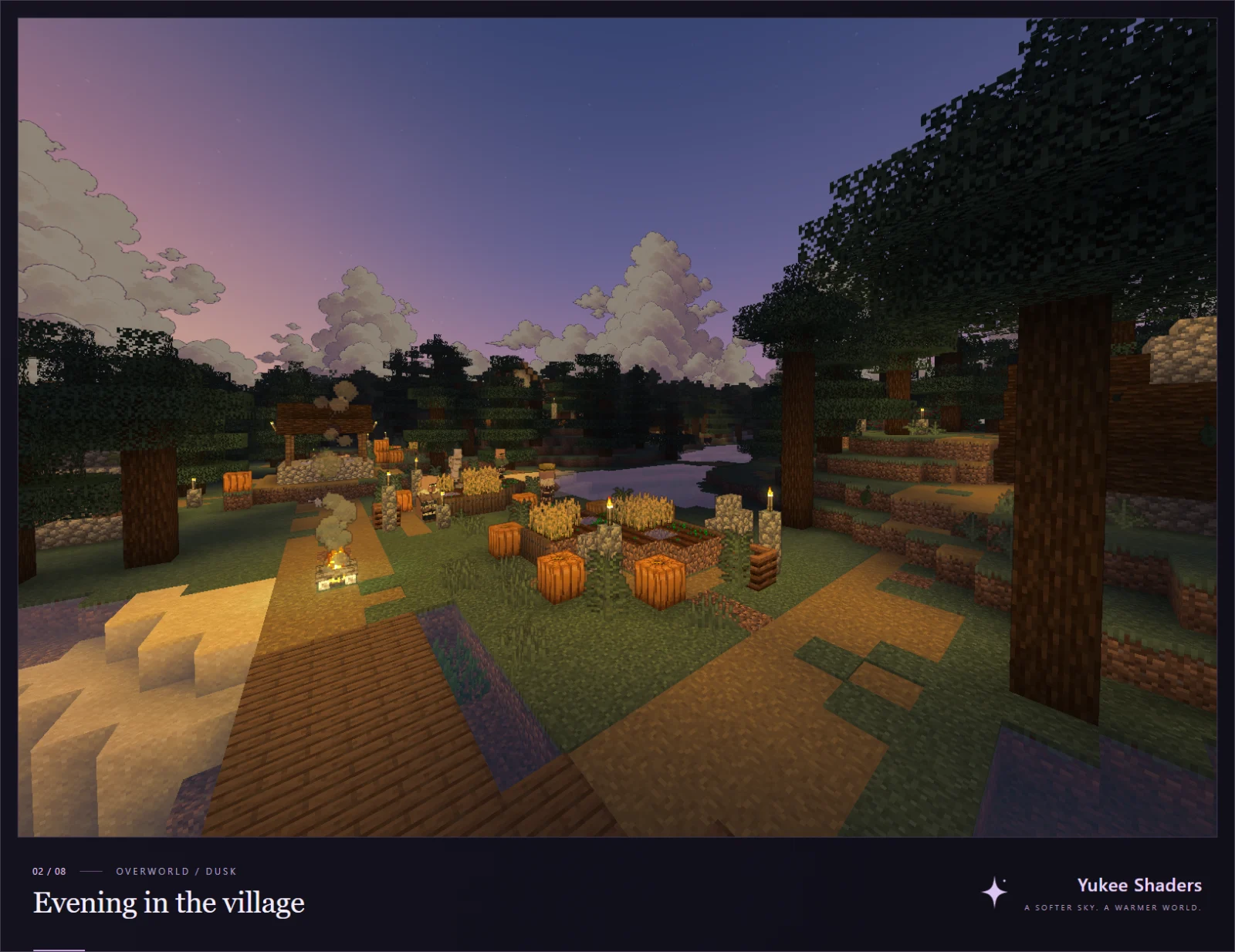 Yukee Shaders - Ciel et ambiance pastel Paysage Minecraft illustrant les couleurs du ciel et les nuages stylisés de Yukee Shaders
