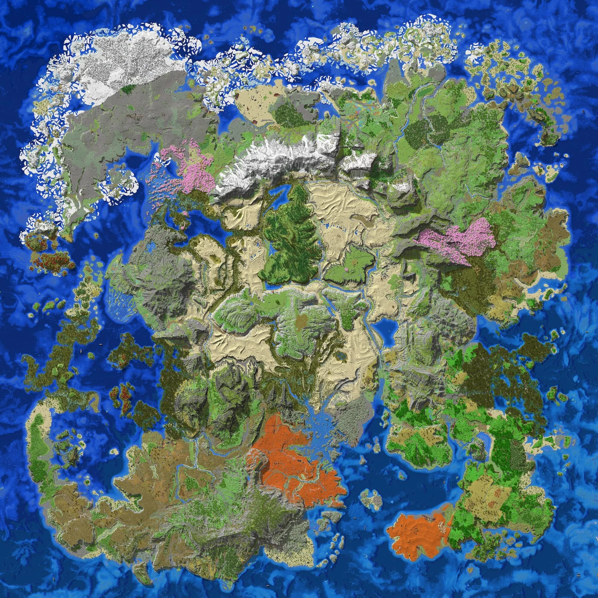Cernution – paysage Minecraft Vue générale de la carte Minecraft Cernution montrant la répartition des reliefs