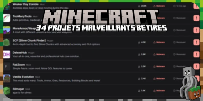 34 projets Minecraft malveillants retirés de CurseForge et Modrinth