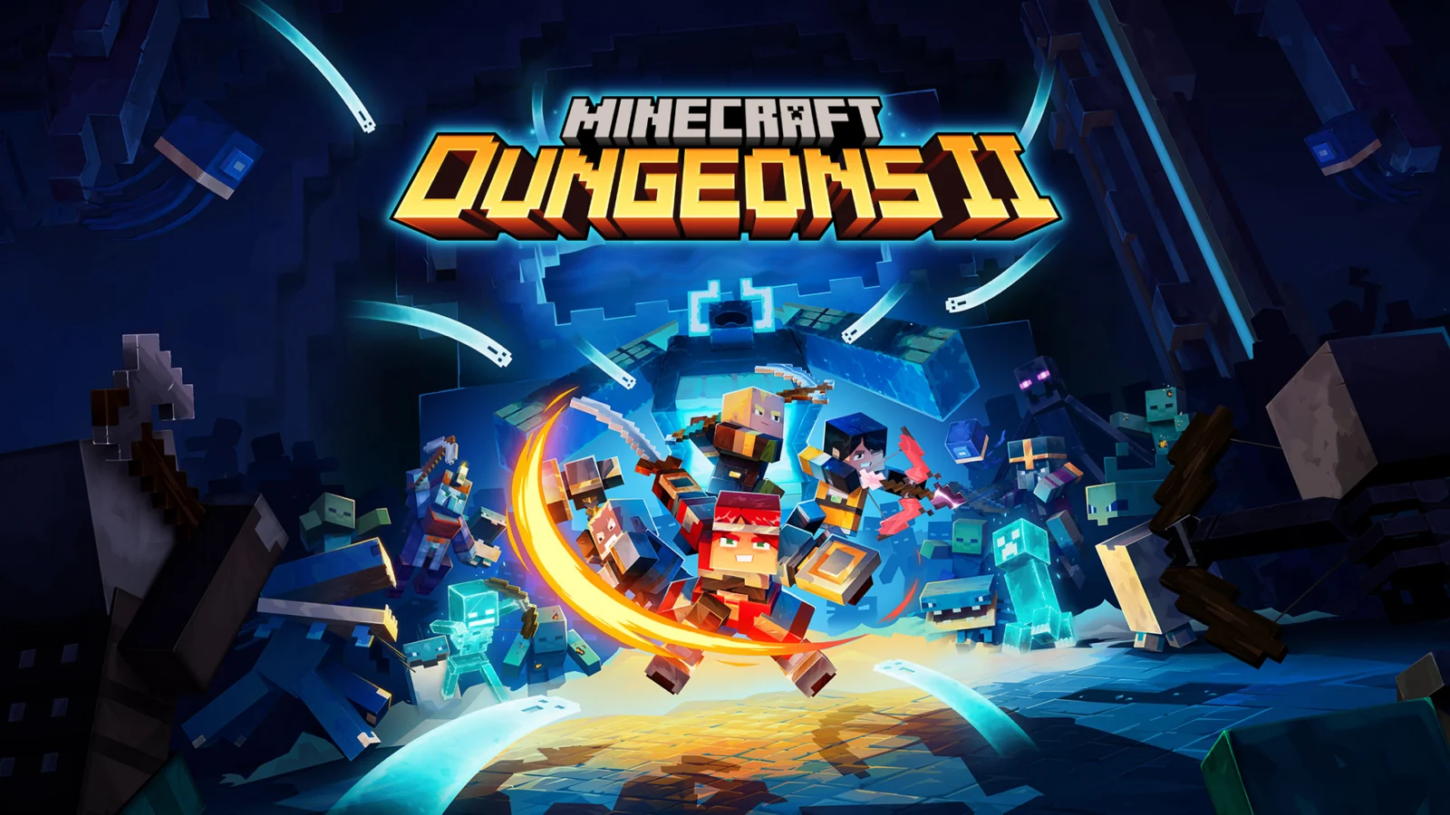 Minecraft Dungeons II Les héros de Minecraft Dungeons II affrontent plusieurs créatures dans le visuel officiel du jeu