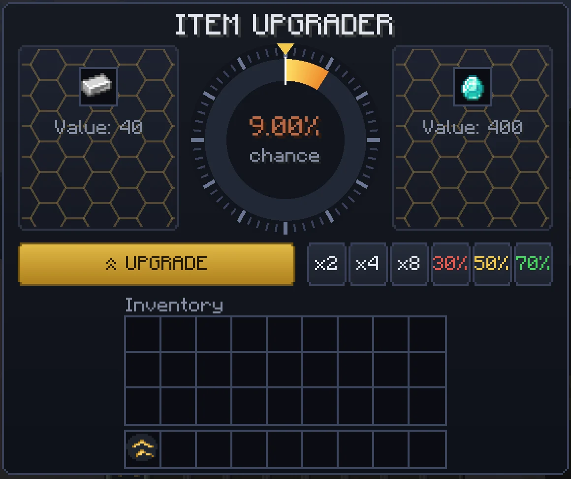 Interface de Upgrader Items Interface de Upgrader Items montrant un lingot de fer échangé contre un diamant avec 9 % de chances de réussite