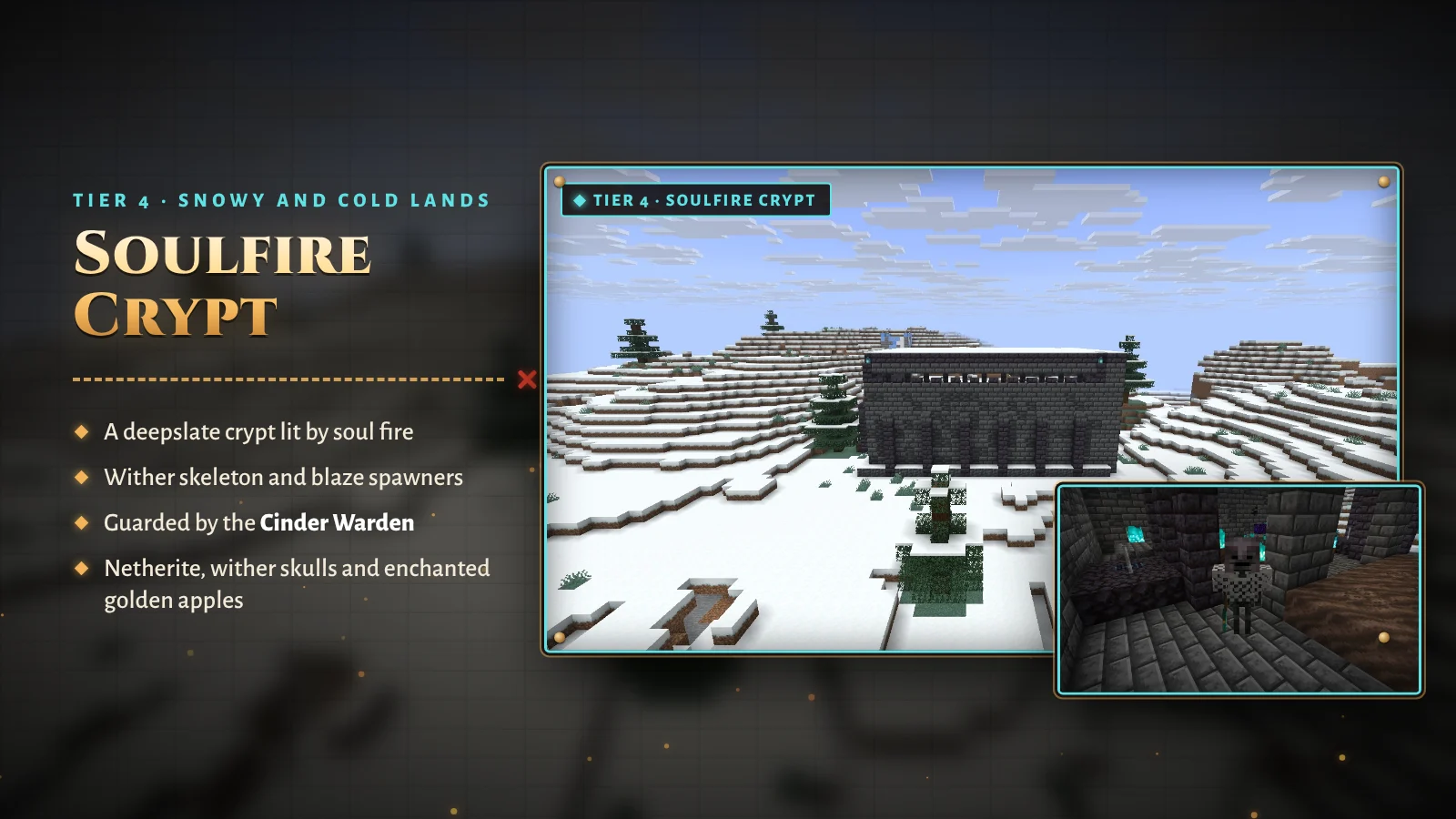 Soulfire Crypt, crypte de pierre noire dans un paysage enneigé et son gardien
