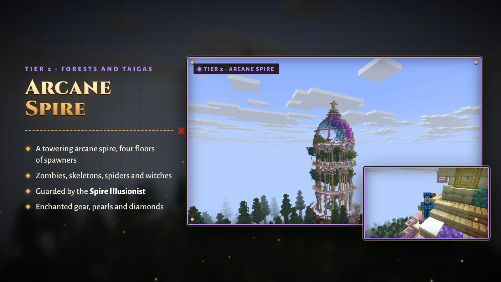 Arcane Spire, grande tour violette avec un illusionniste et des étages à monstres