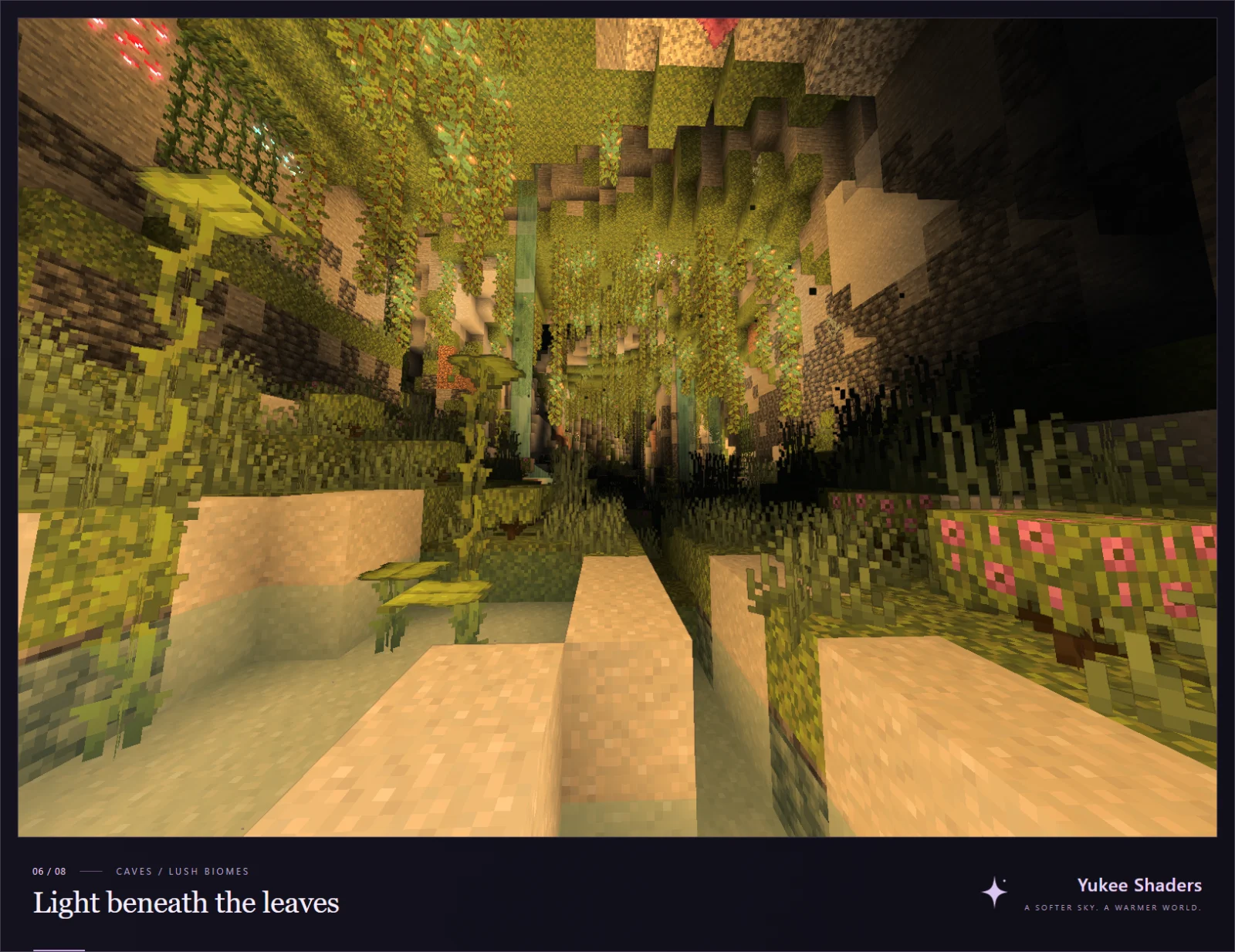 Yukee Shaders - Lumières et couleurs Scène Minecraft avec Yukee Shaders illustrant son éclairage et son traitement des couleurs