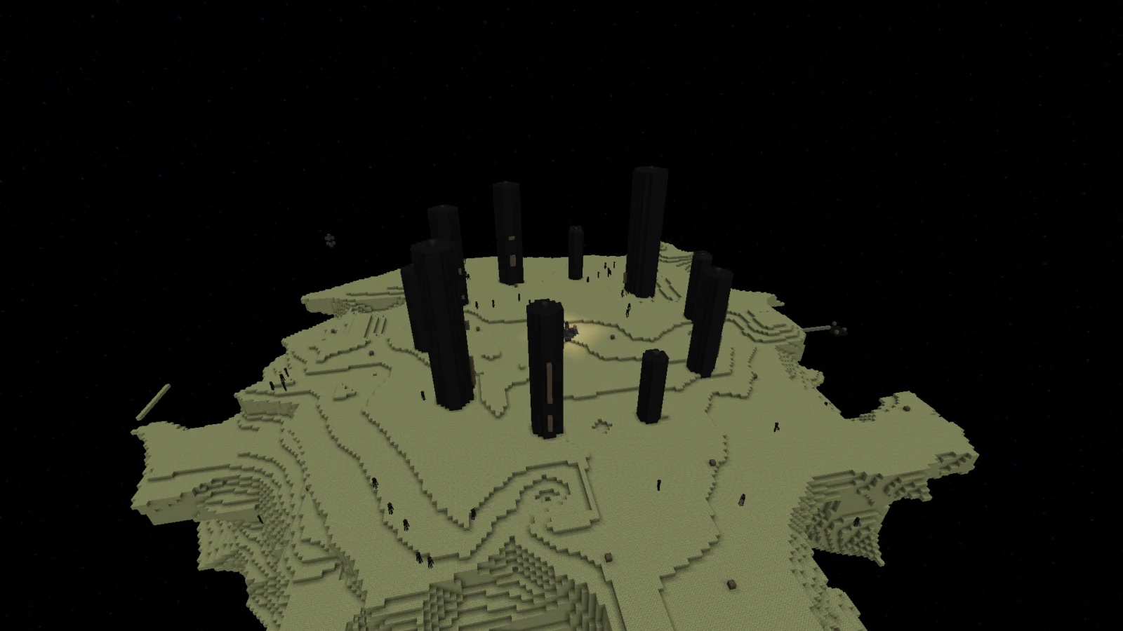 L'End après la victoire des quatre agents IA Vue de l’île centrale de l’End après la victoire des quatre agents IA sur l’Ender Dragon