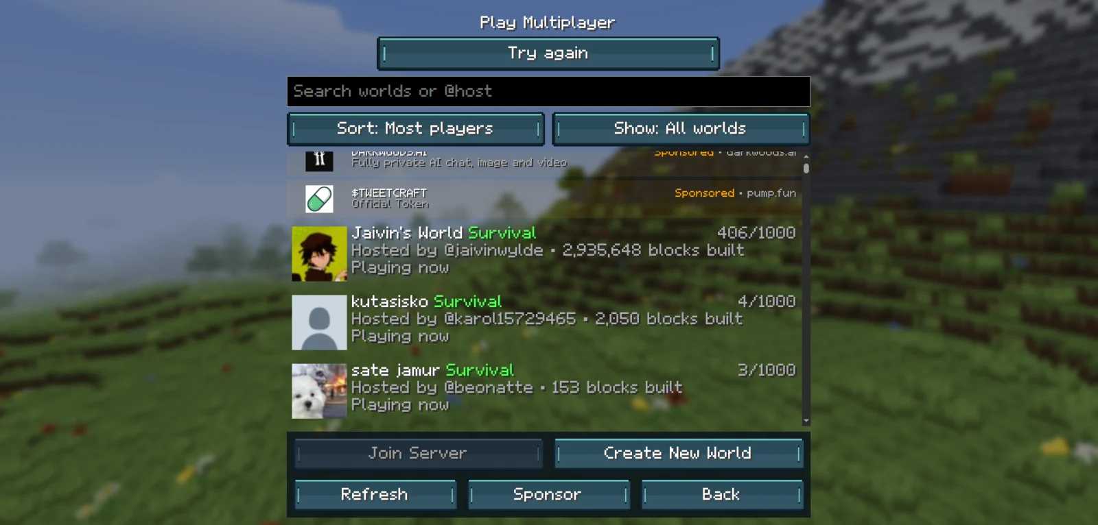 Multijoueur dans Tweetcraft Plusieurs joueurs réunis dans un monde multijoueur de Tweetcraft