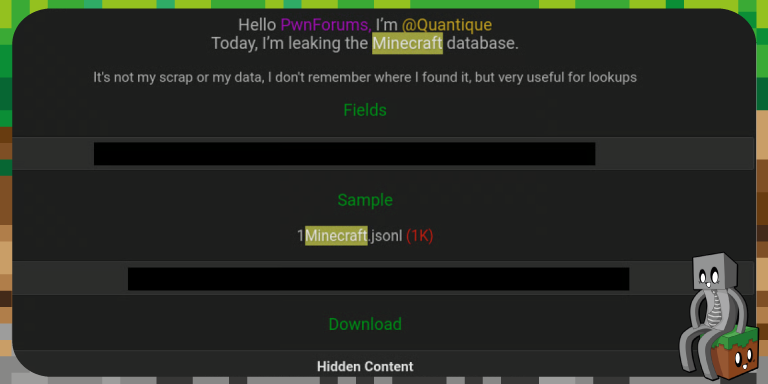 Dark-themed underground forum post claiming to leak the Minecraft database, showing redacted fields, a 1K Minecraft.jsonl sample, and a cartoon skeleton mascot