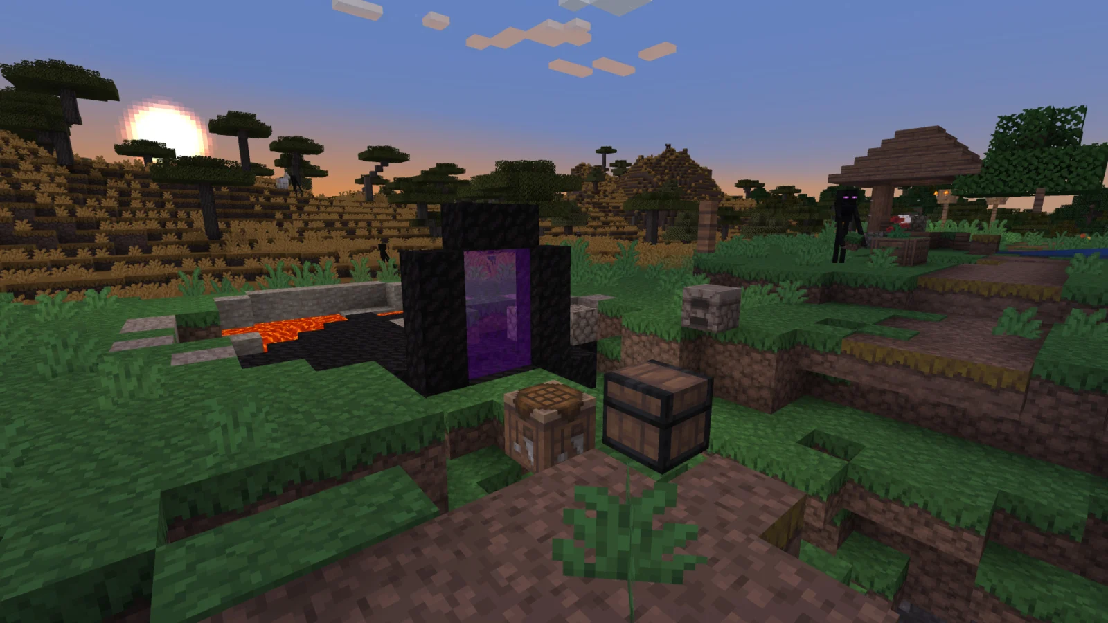 Le portail du Nether construit par les agents IA Portail du Nether construit dans un village Minecraft pendant l’expérience des quatre agents IA