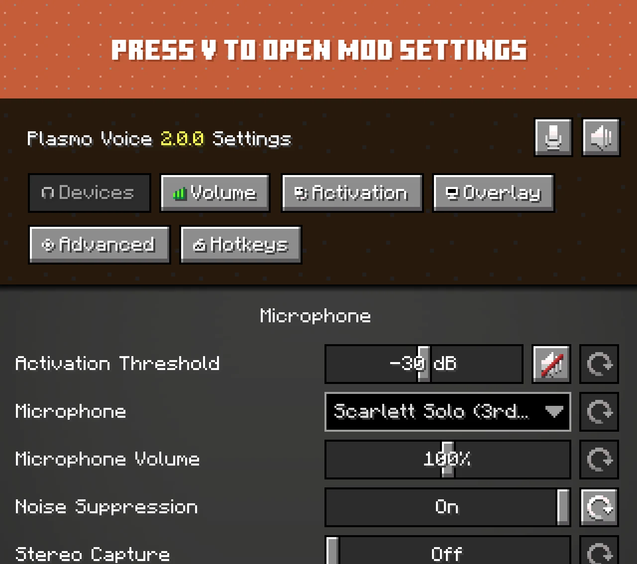 Paramètres de Plasmo Voice Menu des paramètres audio de Plasmo Voice dans Minecraft