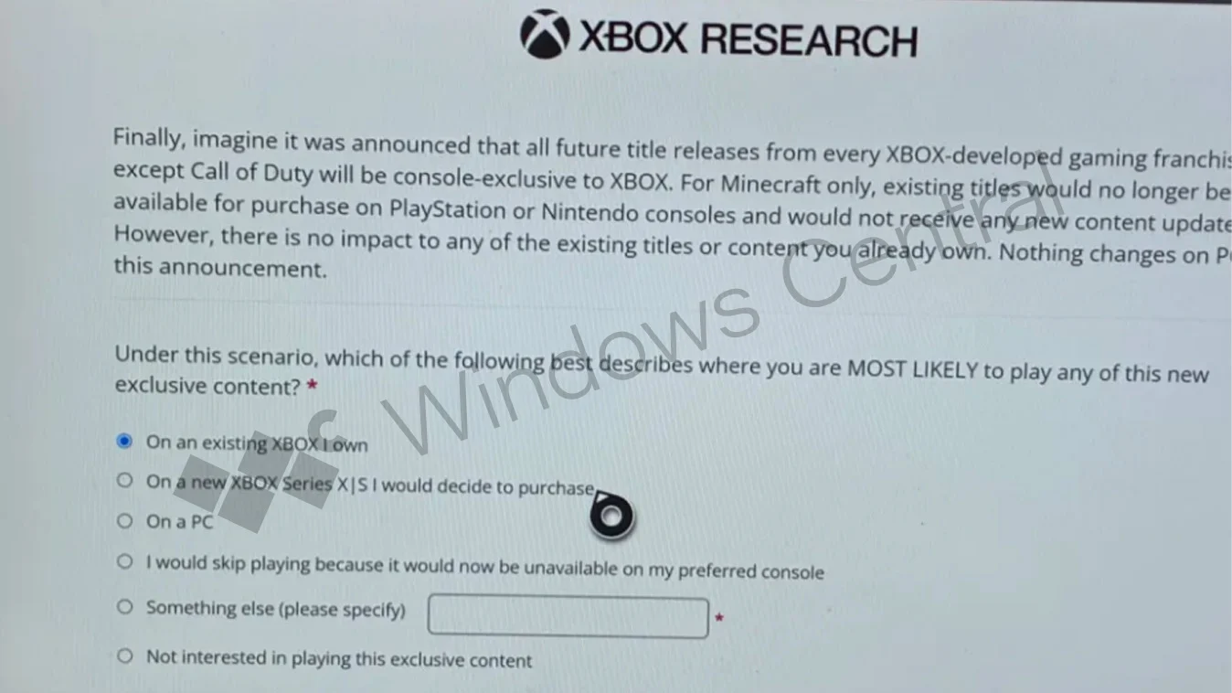 Questionnaire Xbox Research sur une éventuelle exclusivité de Minecraft