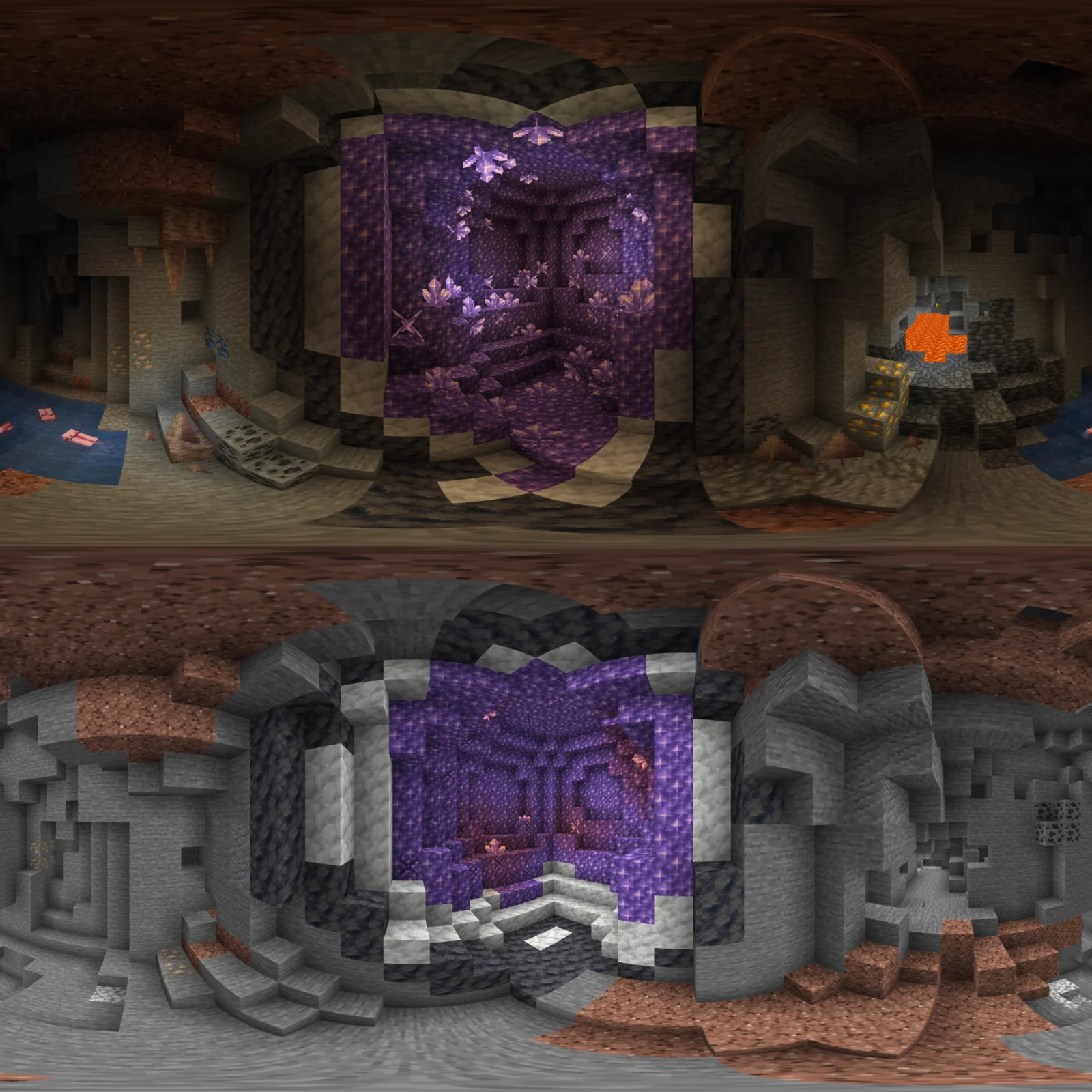 Panorama de Minecraft 1.17 Panorama de Minecraft 1.17 montrant une grotte avec une géode d'améthyste